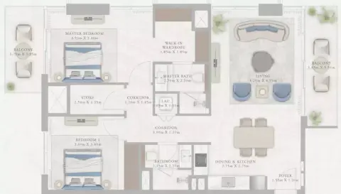Plattegrond van 2 slaapkamers in Marina Views