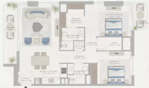 Plattegrond van 2 slaapkamers in Marina Views