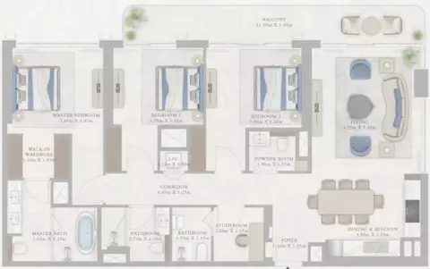 Plattegrond van 3 slaapkamers in Marina Views