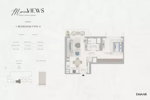 Plattegrond van 1 slaapkamer in Marina Views