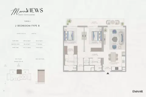 Plattegrond van 2 slaapkamers in Marina Views