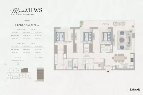 Plattegrond van 3 slaapkamers in Marina Views