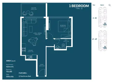 Plattegrond van 1 slaapkamer in Oasiz Phase 2 By Danube
