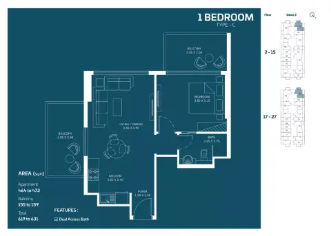 Plattegrond van 2 slaapkamers in Oasiz Phase 2 By Danube