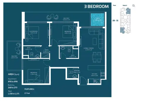 Plattegrond van 3 slaapkamers in Oasiz Phase 2 By Danube