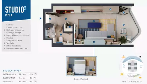 Plattegrond van Studio in Rove Home Dubai Marina By IRTH
