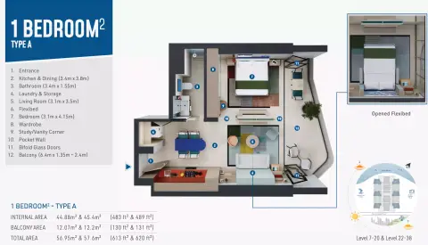 Plattegrond van 1 slaapkamer in Rove Home Dubai Marina By IRTH