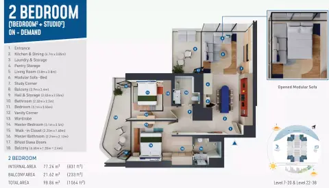 Plattegrond van 2 slaapkamers in Rove Home Dubai Marina By IRTH