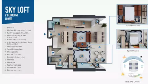 Plattegrond van 2 slaapkamers in Rove Home Dubai Marina By IRTH