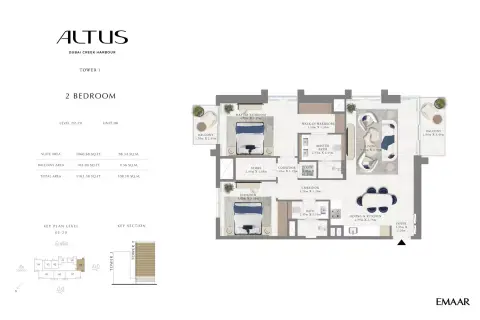Plattegrond van 2 slaapkamers in Emaar Altus