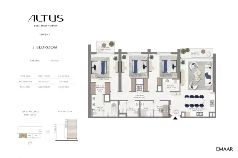 Plattegrond van 3 slaapkamers in Emaar Altus