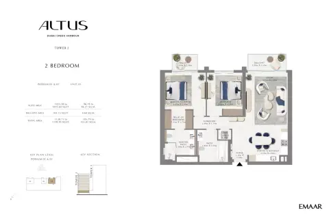 Plattegrond van 2 slaapkamers in Emaar Altus
