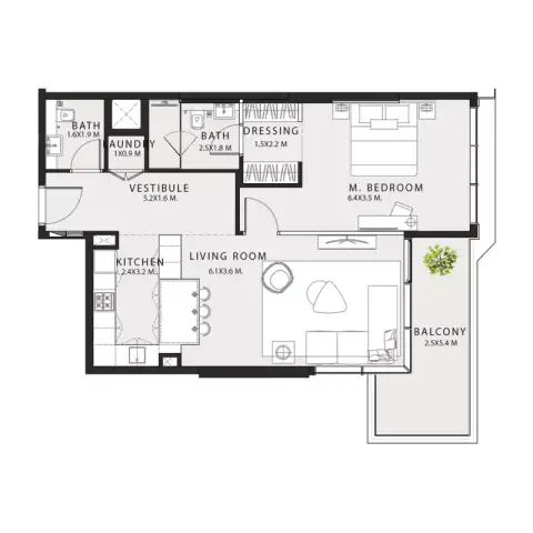 Plattegrond van 1 slaapkamer in Ayana Gardens