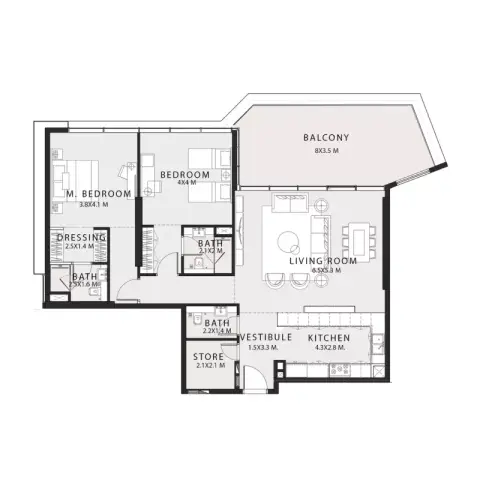 Plattegrond van 2 slaapkamers in Ayana Gardens