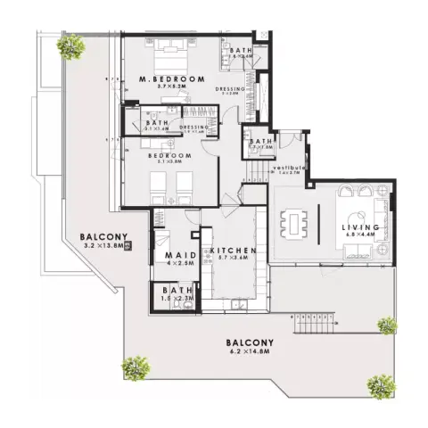 Plattegrond van 2 slaapkamers in Ayana Gardens