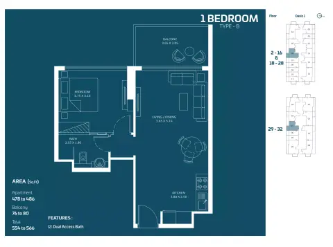 Plattegrond van 1 slaapkamer in Danube Oasiz