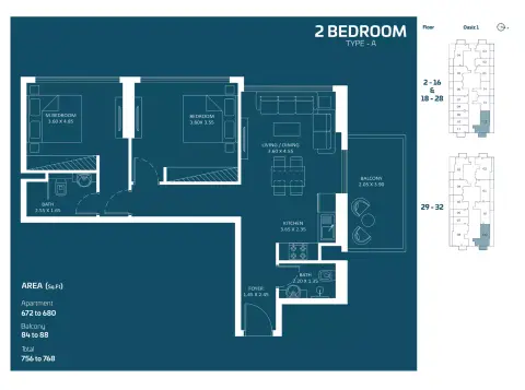 Plattegrond van 2 slaapkamers in Danube Oasiz
