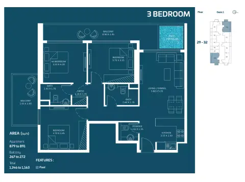 Plattegrond van 3 slaapkamers in Danube Oasiz