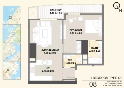 Plattegrond van 1 slaapkamer in Pelagos