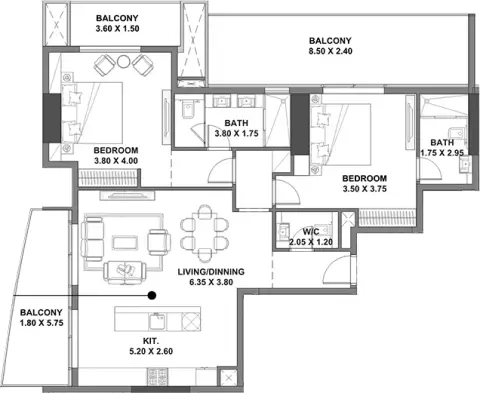 Plattegrond van 2 slaapkamers in Pelagos