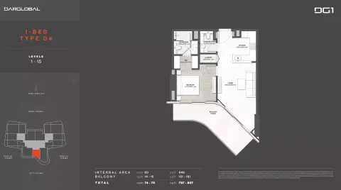 Plattegrond van 1 slaapkamer in DG1 Living