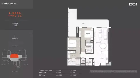Plattegrond van 2 slaapkamers in DG1 Living