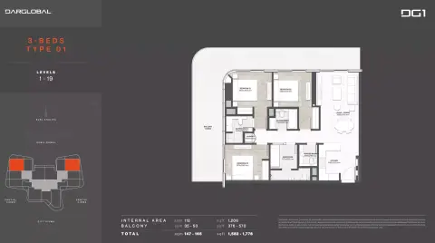 Plattegrond van 3 slaapkamers in DG1 Living