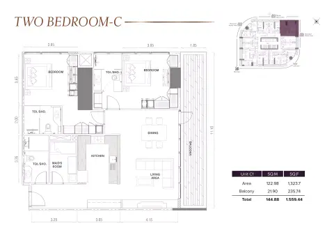 Plattegrond van 2 slaapkamers in MBL Signature