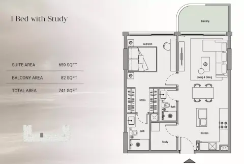 Plattegrond van 1 slaapkamer in Oxford Cove
