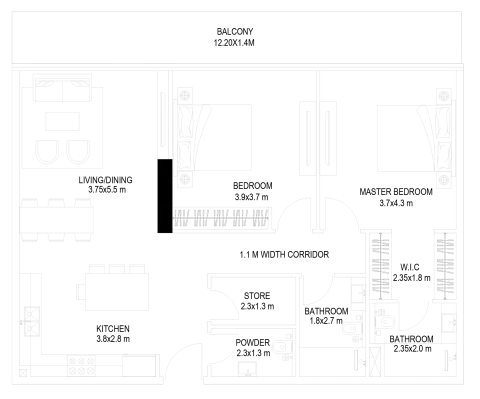 Plattegrond van 2 slaapkamers in The Place by Prestige One