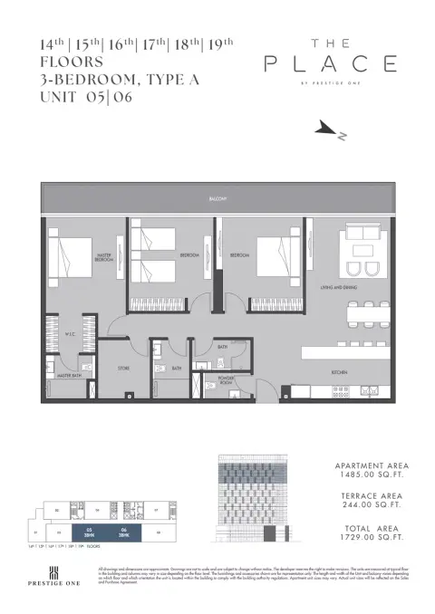 Plattegrond van 3 slaapkamers in The Place by Prestige One