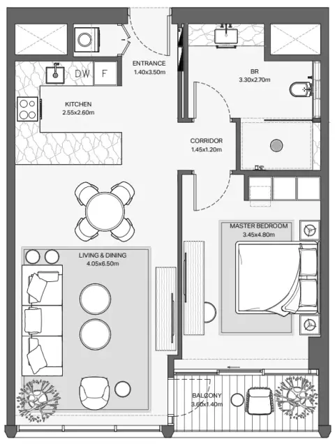 Plattegrond van 1 slaapkamer in Verve City Walk