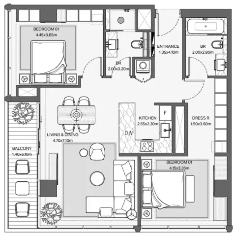 Plattegrond van 2 slaapkamers in Verve City Walk