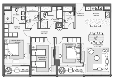 Plattegrond van 3 slaapkamers in Verve City Walk