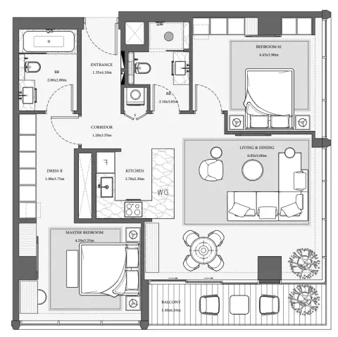 Plattegrond van 2 slaapkamers in Verve City Walk