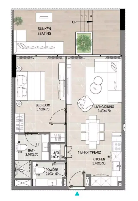 Plattegrond van 1 slaapkamer in REFF 1000