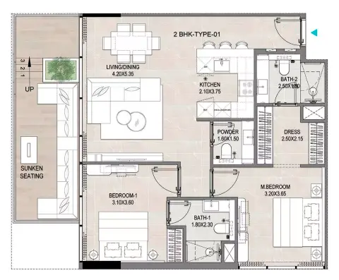 Plattegrond van 2 slaapkamers in REFF 1000