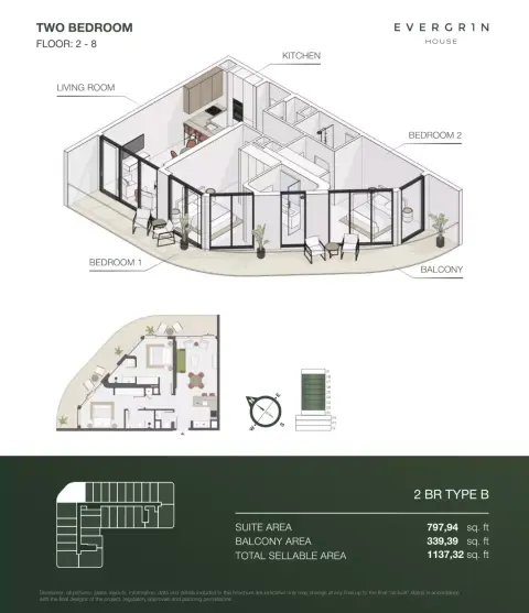 Plattegrond van 2 slaapkamers in Evergr1n House