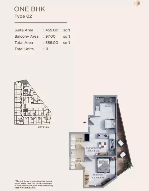 Plattegrond van 1 slaapkamer in Terra Tower
