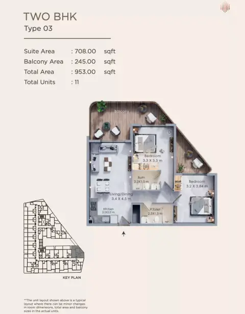 Plattegrond van 2 slaapkamers in Terra Tower
