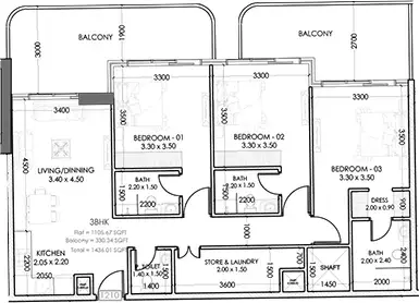 Plattegrond van 3 slaapkamers in Terra Tower