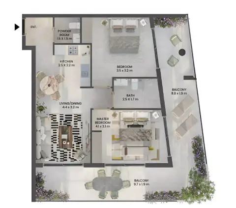 Plattegrond van 2 slaapkamers in Weybridge Gardens Phase 2 By Leos