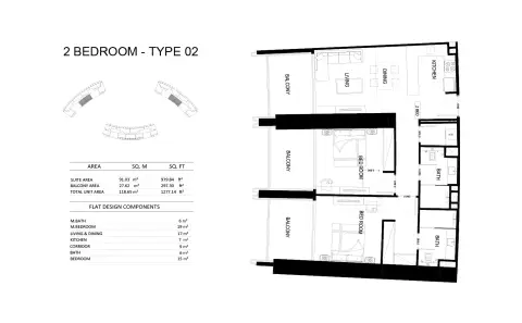 Plattegrond van 2 slaapkamers in Binghatti Skyrise