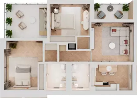 Plattegrond van 2 slaapkamers in Arisha Terraces