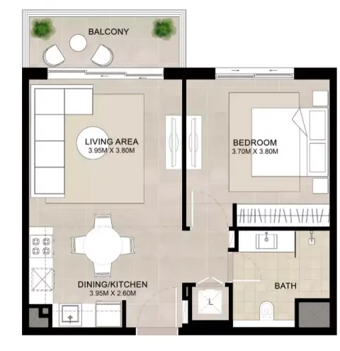 Plattegrond van 1 slaapkamer in Lana on the Park
