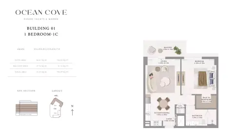 Plattegrond van 1 slaapkamer in Ocean Cove