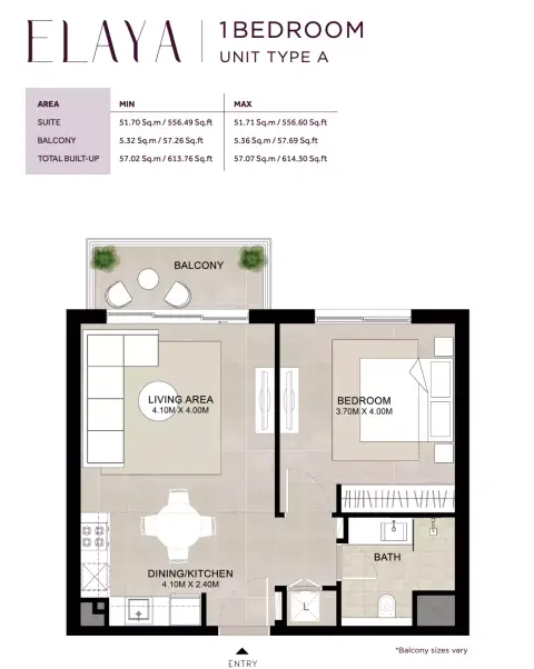 Plattegrond van 1 slaapkamer in Elaya