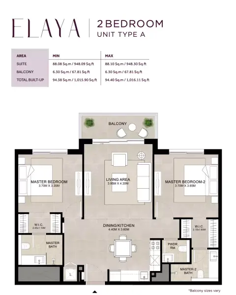 Plattegrond van 2 slaapkamers in Elaya