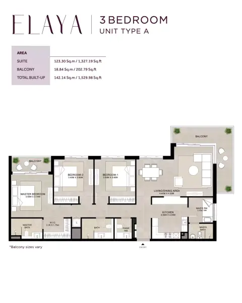 Plattegrond van 3 slaapkamers in Elaya