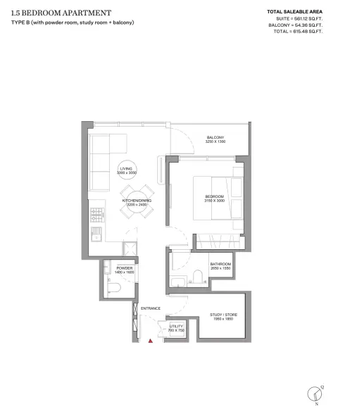 Plattegrond van 2 slaapkamers in Sobha Solis